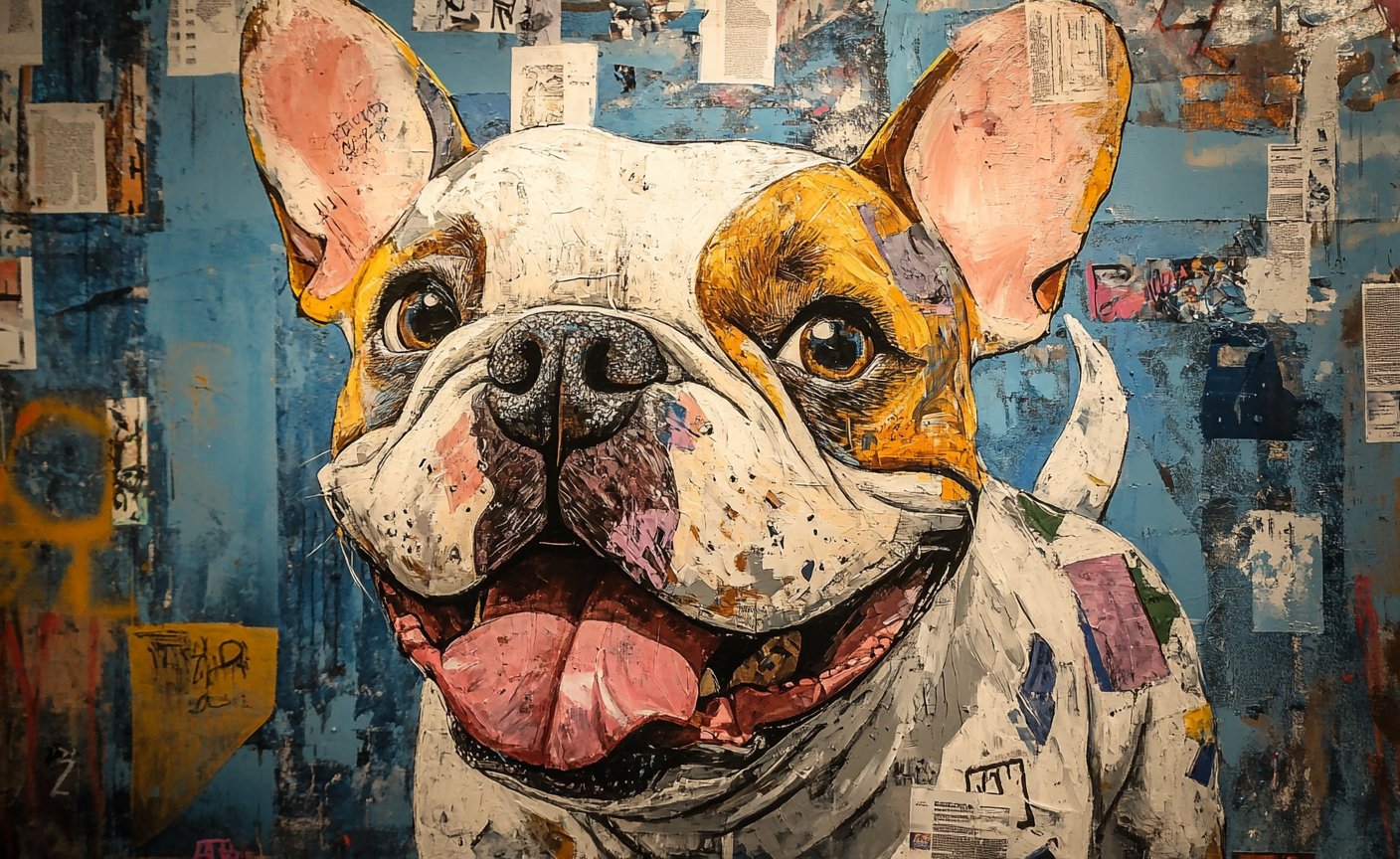 A bold street-art collage portrait of a smiling French bulldog with tongue out, set against a blue graffiti-and-newsprint backdrop.