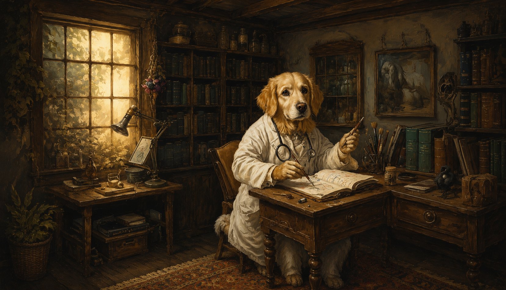 An oil-painted portrait of a golden retriever at study, a humorous nod to the patient as scholar — the visual signature of the Education page at Veterinary Dental Arts.