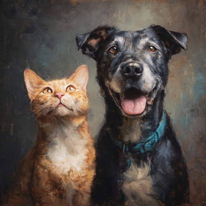 An oil-painted portrait of an orange tabby cat looking upward and a black mixed-breed dog with a teal collar, painted in warm impressionist brushwork against a desaturated grey-green background — a visual anchor for the Improving Lives mission of Veterinary Dental Arts.