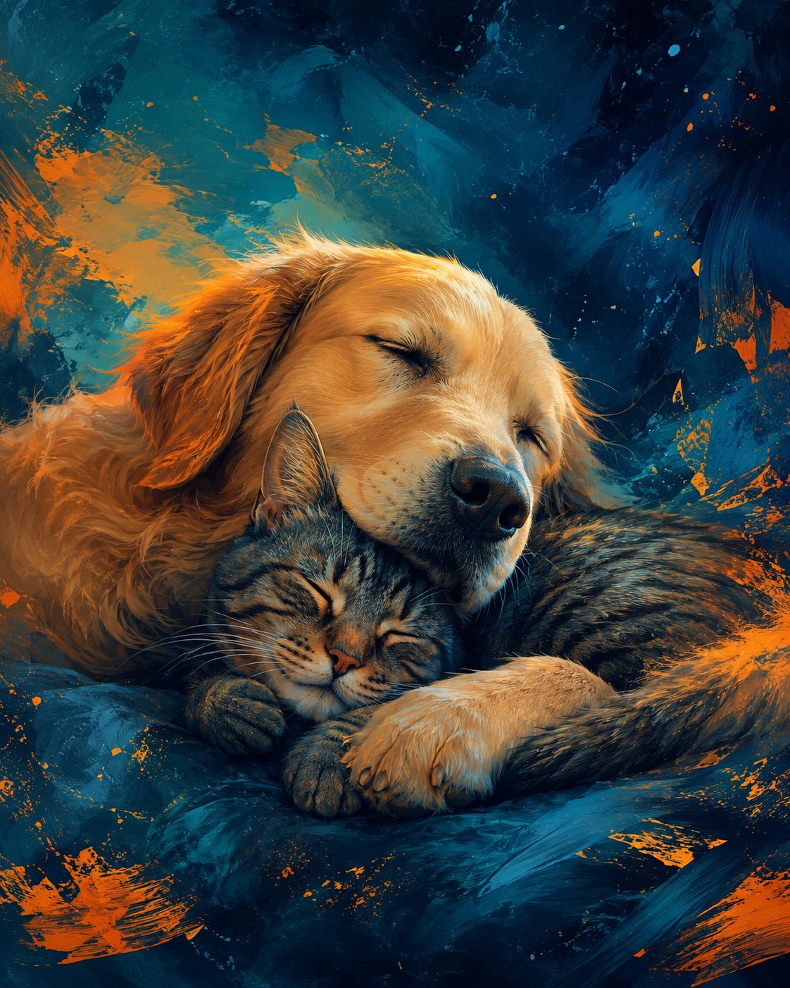 An oil painting of a golden retriever and a tabby cat curled up sleeping together, set against blue and orange brushwork — the calm we make possible.