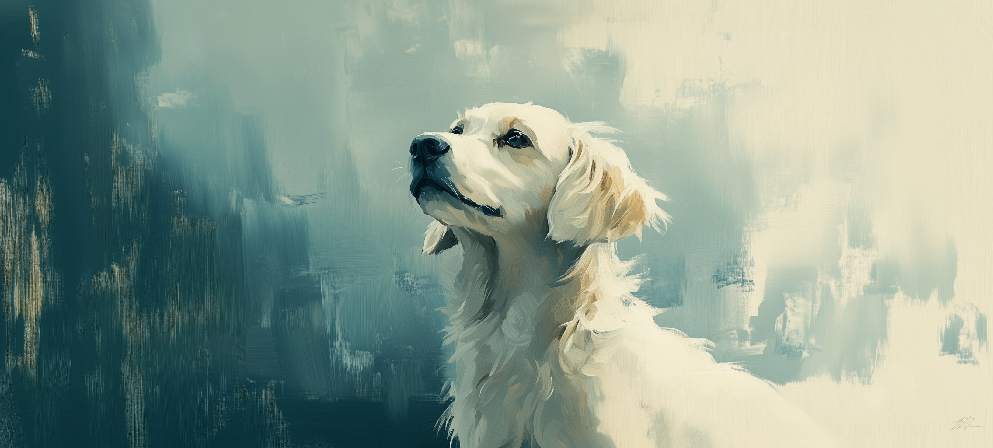 A warm painted portrait of a dog at the veterinary dentist — the visual signature of the What to Expect page at Veterinary Dental Arts.