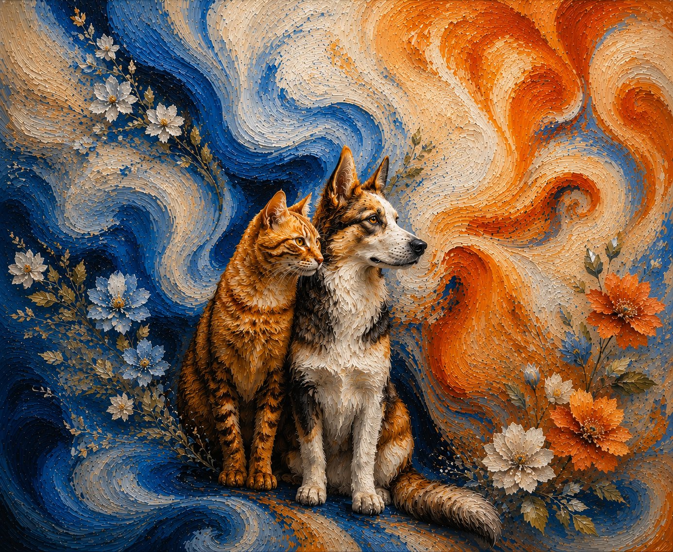 An impasto oil painting in the style of Van Gogh — an orange tabby cat and a brown-and-white dog sit close together against swirling blue and orange brushstrokes, framed by white and orange flowers.