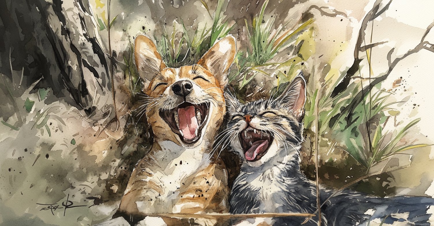 A watercolor of a tan corgi and a tabby cat caught mid-yawn, both with mouths wide open and teeth visible.