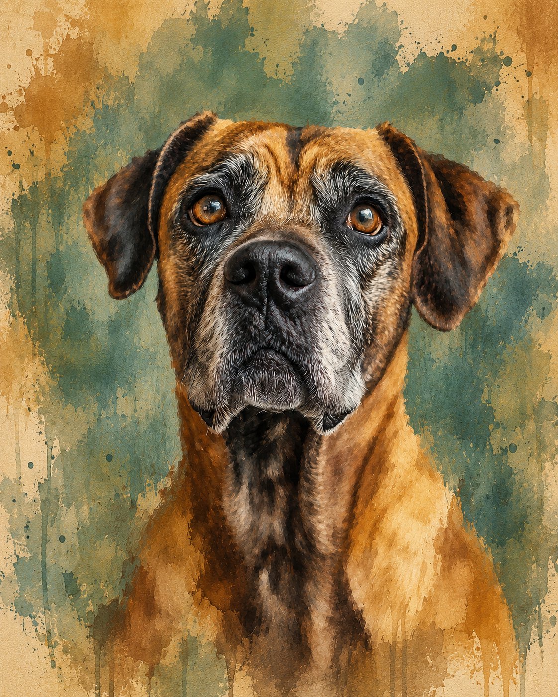A watercolor portrait of a large brindle dog with intent amber eyes, painted against soft sage and cream wash — VDA large-breed patients